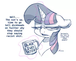 Size: 3201x2589 | Tagged: safe, artist:dilarus, banned from derpibooru, deleted from derpibooru, derpibooru import, twilight sparkle, alicorn, pony, black lives matter, digital art, female, floppy ears, magic, mare, meta, mouthpiece, out of character, politics, signature, simple background, solo, telekinesis, twilight is not amused, twitter, unamused, vulgar, white background