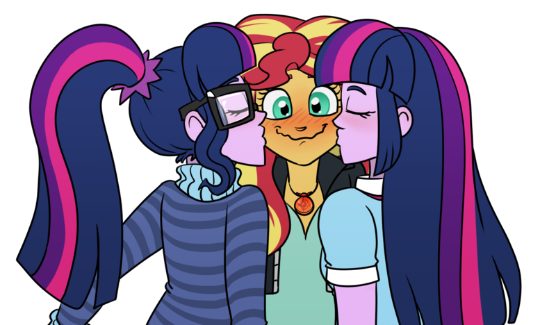 Size: 1280x749 | Tagged: safe, artist:verumteednp, banned from derpibooru, deleted from derpibooru, derpibooru import, sci-twi, sunset shimmer, twilight sparkle, equestria girls, blushing, clothes, duality, eyes closed, female, geode of empathy, glasses, kiss on the cheek, kiss sandwich, kissing, lesbian, lucky, magical geodes, polyamory, scitwishimmer, shipping, simple background, smiling, sunset twiangle, sunsetsparkle, transparent background, twolight, wavy mouth