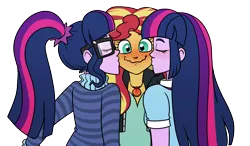 Size: 1280x749 | Tagged: safe, artist:verumteednp, banned from derpibooru, deleted from derpibooru, derpibooru import, sci-twi, sunset shimmer, twilight sparkle, equestria girls, blushing, clothes, duality, eyes closed, female, geode of empathy, glasses, kiss on the cheek, kiss sandwich, kissing, lesbian, lucky, magical geodes, polyamory, scitwishimmer, shipping, simple background, smiling, sunset twiangle, sunsetsparkle, transparent background, twolight, wavy mouth