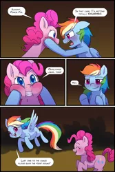 Size: 1080x1620 | Tagged: safe, artist:little-tweenframes, banned from derpibooru, deleted from derpibooru, derpibooru import, pinkie pie, rainbow dash, earth pony, pegasus, series:cloudsdale symphony, bar, blushing, comic, squished face