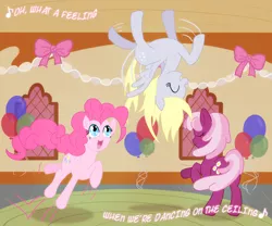 Size: 900x749 | Tagged: dead source, safe, artist:atlur, banned from derpibooru, deleted from derpibooru, derpibooru import, cheerilee, derpy hooves, pinkie pie, earth pony, pegasus, pony, 80s, balloon, dancing, dancing on the ceiling, female, lionel richie, mare, photoshop, song reference, trio, trio female