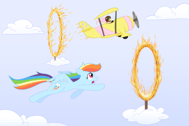 Size: 1200x800 | Tagged: dead source, safe, artist:atlur, banned from derpibooru, deleted from derpibooru, derpibooru import, fluttershy, rainbow dash, pegasus, pony, aircraft, biplane, cloud, female, fire, flying, mare, photoshop, plane, request, ring of fire, sky