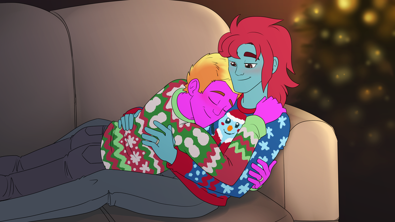 Size: 1920x1080 | Tagged: safe, artist:verumteednp, banned from derpibooru, deleted from derpibooru, derpibooru import, oc, oc:iron wingheart, oc:quasar(wingman), unofficial characters only, equestria girls, christmas, christmas sweater, christmas tree, clothes, commission, couch, cuddling, gay, holiday, hug, jewelry, lights, male, married couple, ring, sweater, tree, wedding ring