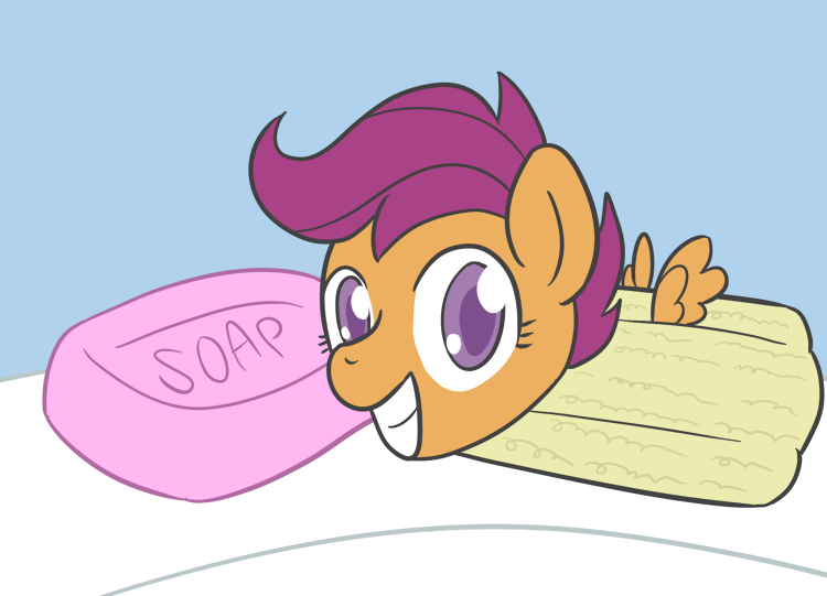 Size: 750x541 | Tagged: dead source, safe, artist:atlur, banned from derpibooru, deleted from derpibooru, derpibooru import, scootaloo, pegasus, pony, colored pupils, female, filly, foal, hooves, loofah, pun, smiling, soap, solo, teeth, wat, wings