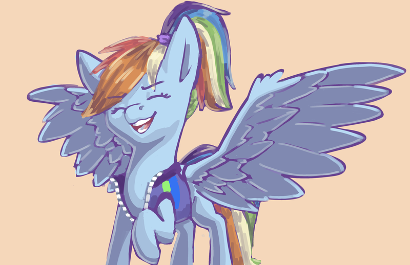 Size: 3298x2136 | Tagged: safe, artist:aliceg, banned from derpibooru, deleted from derpibooru, derpibooru import, rainbow dash, pegasus, pony, alternate hairstyle, buckball fan gear rainbow dash, clothes, cute, dashabetes, eyes closed, female, gameloft interpretation, jacket, mare, open mouth, pants, ponytail, raised hoof, simple background, solo, sweatpants, that was fast