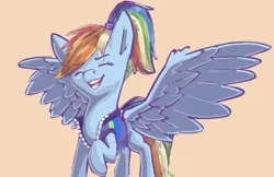 Size: 3298x2136 | Tagged: safe, artist:aliceg, banned from derpibooru, deleted from derpibooru, derpibooru import, rainbow dash, pegasus, pony, alternate hairstyle, buckball fan gear rainbow dash, clothes, cute, dashabetes, eyes closed, female, gameloft interpretation, jacket, mare, open mouth, pants, ponytail, raised hoof, simple background, solo, sweatpants, that was fast