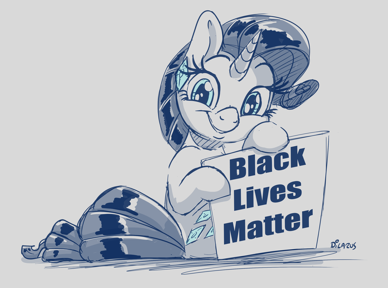 Size: 2839x2105 | Tagged: safe, artist:dilarus, banned from derpibooru, deleted from derpibooru, derpibooru import, rarity, pony, unicorn, black lives matter, digital art, ear piercing, earring, female, jewelry, mare, mouthpiece, piercing, politics, signature, simple background, smiling, solo, white background