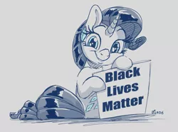 Size: 2839x2105 | Tagged: safe, artist:dilarus, banned from derpibooru, deleted from derpibooru, derpibooru import, rarity, pony, unicorn, black lives matter, digital art, ear piercing, earring, female, jewelry, mare, mouthpiece, piercing, politics, signature, simple background, smiling, solo, white background