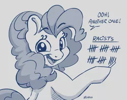 Size: 3088x2440 | Tagged: safe, artist:dilarus, banned from derpibooru, deleted from derpibooru, derpibooru import, pinkie pie, earth pony, pony, black lives matter, dialogue, digital art, female, gray background, grayscale, hoof hold, looking at you, looking back, looking back at you, mare, monochrome, mouthpiece, politics, shading, signature, simple background, smiling, solo