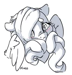 Size: 2088x2160 | Tagged: safe, artist:dilarus, banned from derpibooru, deleted from derpibooru, derpibooru import, fluttershy, pegasus, pony, beanbrows, blushing, bust, cute, digital art, embarrassed, eyebrows, female, floppy ears, hiding behind mane, high res, mare, monochrome, shyabetes, signature, simple background, solo, white background