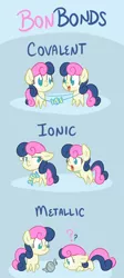 Size: 546x1217 | Tagged: safe, artist:atlur, banned from derpibooru, deleted from derpibooru, derpibooru import, bon bon, sweetie drops, earth pony, pony, adorabon, bonafied, bond, bonpun, candy, chemistry, confused, covalent bond (chemistry), cute, double, female, filly, floppy ears, food, frown, ionic bond, metallic bond, multeity, open mouth, prone, pun, question mark, sad, science, smiling, solo, sweetie lots