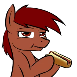 Size: 800x800 | Tagged: safe, artist:acesential, banned from derpibooru, deleted from derpibooru, derpibooru import, oc, oc:penn, unofficial characters only, eating, food, hot dog, meat, ponies eating meat, sausage, simple background, solo