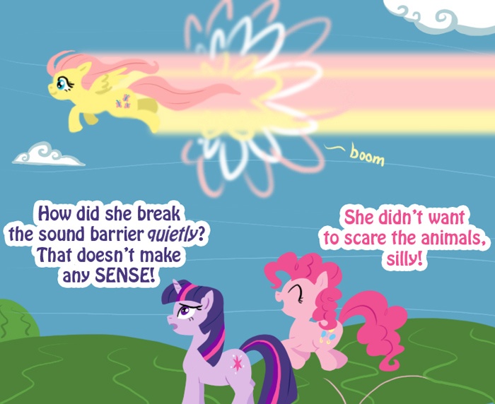 Size: 700x572 | Tagged: dead source, safe, artist:atlur, banned from derpibooru, deleted from derpibooru, derpibooru import, fluttershy, pinkie pie, twilight sparkle, cartoon physics, dialogue, how, image, jpeg, sonic rainboom, sonic xboom