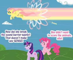 Size: 700x572 | Tagged: dead source, safe, artist:atlur, banned from derpibooru, deleted from derpibooru, derpibooru import, fluttershy, pinkie pie, twilight sparkle, cartoon physics, dialogue, how, image, jpeg, sonic rainboom, sonic xboom