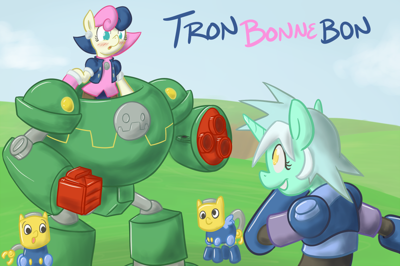 Size: 1000x666 | Tagged: safe, artist:atlur, banned from derpibooru, deleted from derpibooru, derpibooru import, bon bon, lyra heartstrings, sweetie drops, earth pony, pony, unicorn, bonafied, bonpun, crossover, gustaff, megaman, megaman legends, megaman volnutt, megamare, pun, servbot, tron bonne