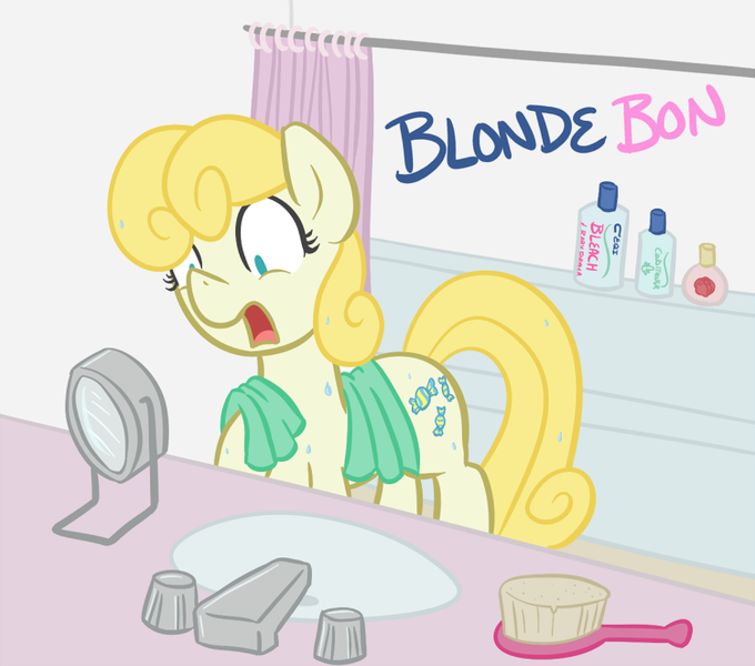 Size: 750x662 | Tagged: safe, artist:atlur, banned from derpibooru, deleted from derpibooru, derpibooru import, bon bon, sweetie drops, alternate hair color, blonde, bonafied, bon bon is not amused, bonpun, brush, mirror, pun, sink, solo, unamused