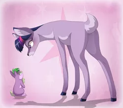 Size: 865x760 | Tagged: safe, artist:dvixie, banned from derpibooru, deleted from derpibooru, derpibooru import, spike, twilight sparkle, deer, rabbit, animal, bambi, butt, deerified, duo, parody, pink background, plot, simple background, species swap