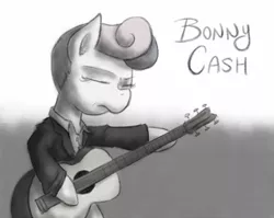 Size: 753x600 | Tagged: safe, artist:atlur, banned from derpibooru, deleted from derpibooru, derpibooru import, bon bon, bonafied, bonpun, guitar, johnny cash, monochrome, musical instrument, pun, solo