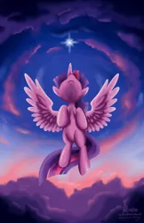 Size: 2887x4462 | Tagged: safe, artist:southparktaoist, banned from derpibooru, deleted from derpibooru, derpibooru import, twilight sparkle, twilight sparkle (alicorn), alicorn, pony, female, flying, looking up, mare, solo, stars