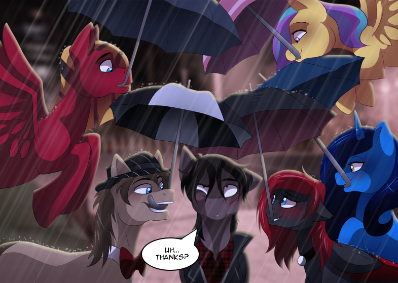 Size: 785x559 | Tagged: dead source, safe, artist:dvixie, banned from derpibooru, deleted from derpibooru, derpibooru import, doctor whooves, time turner, oc, oc:joen klausen, oc:reverie charm, unofficial characters only, fedora, hat, mouth hold, rain, tumblr, umbrella