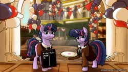 Size: 1920x1080 | Tagged: safe, artist:acesential, banned from derpibooru, deleted from derpibooru, derpibooru import, robert lutece, rosalind lutece, twilight sparkle, balloon, bioshock, bioshock infinite, brother and sister, crossover, dusk shine, lutece twins, parody, rule 63, siblings, twins