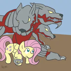 Size: 800x800 | Tagged: safe, artist:atlur, banned from derpibooru, deleted from derpibooru, derpibooru import, fluttershy, cerberus, crossover, final fantasy, final fantasy viii, multiple heads, three heads