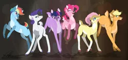 Size: 1868x875 | Tagged: safe, artist:dvixie, banned from derpibooru, deleted from derpibooru, derpibooru import, applejack, fluttershy, pinkie pie, rainbow dash, rarity, twilight sparkle, deer, appledeer, cervine, cloven hooves, cute, deerified, flutterdeer, line-up, mane six, rainbow deer, rarideer, species swap