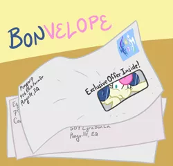 Size: 650x624 | Tagged: safe, artist:atlur, banned from derpibooru, deleted from derpibooru, derpibooru import, bon bon, princess celestia, princess luna, sweetie drops, pony, bon bon is not amused, bonafied, bonpun, envelope, micro, pun, solo, tiny, tiny ponies, unamused