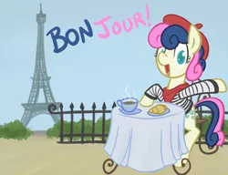 Size: 800x613 | Tagged: safe, artist:atlur, banned from derpibooru, deleted from derpibooru, derpibooru import, bon bon, sweetie drops, beret, bonafied, bonpun, bread, cafe, coffee, croissant, eiffel tower, food, france, french, hat, pun, solo