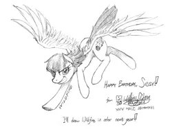 Size: 800x600 | Tagged: safe, artist:meto30, banned from derpibooru, deleted from derpibooru, derpibooru import, wild fire, oc, unofficial characters only, pegasus, pony, flying, monochrome, solo