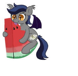 Size: 609x591 | Tagged: safe, artist:ficficponyfic, artist:vito, banned from derpibooru, deleted from derpibooru, derpibooru import, oc, oc:echo, unofficial characters only, bat pony, pony, :p, animated, bite mark, chest fluff, cute, ear tufts, female, flapping, food, fruit, happy, hug, licking, mare, mlem, ocbetes, rocking, silly, simple background, smiling, solo, tongue out, watermelon, white background