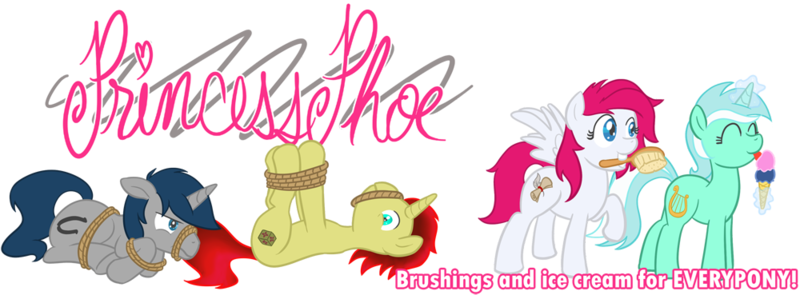 Size: 1000x369 | Tagged: safe, artist:atlur, banned from derpibooru, deleted from derpibooru, derpibooru import, lyra heartstrings, oc, oc:cereal velocity, oc:phoe, equestria daily, bondage, brush, food, ice cream, magic, rope, sethisto, text, tied up