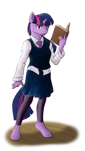 Size: 720x1280 | Tagged: safe, artist:acesential, banned from derpibooru, deleted from derpibooru, derpibooru import, twilight sparkle, anthro, unguligrade anthro, book, clothes, image, png, purple, school uniform, skirt, solo