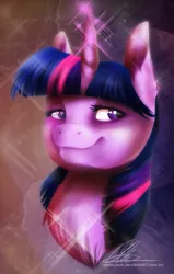 Size: 595x936 | Tagged: safe, artist:dvixie, banned from derpibooru, deleted from derpibooru, derpibooru import, twilight sparkle, bedroom eyes, bust, fluffy, portrait, smiling, smug, smuglight sparkle, solo, sparkles