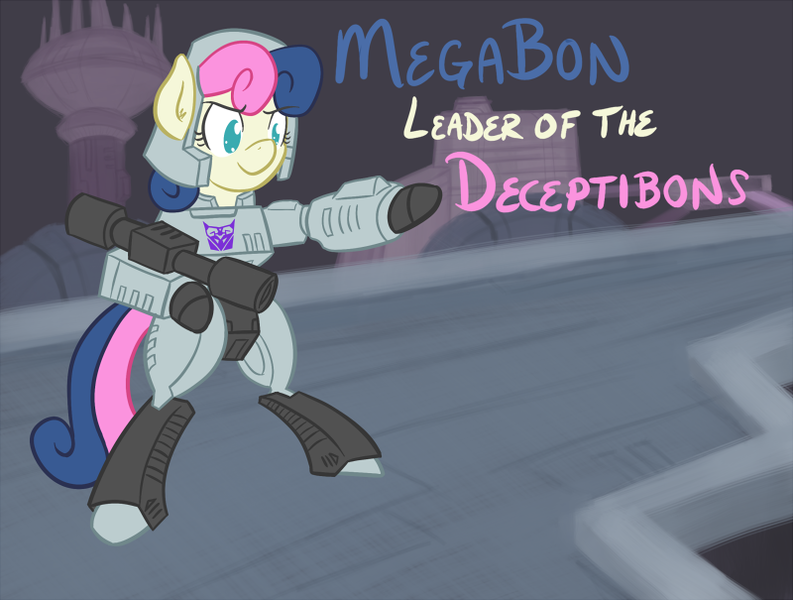 Size: 800x605 | Tagged: safe, artist:atlur, banned from derpibooru, deleted from derpibooru, derpibooru import, bon bon, sweetie drops, pony, bipedal, bonafied, bonpun, clothes, cosplay, costume, crossover, megatron, pun, solo, transformers