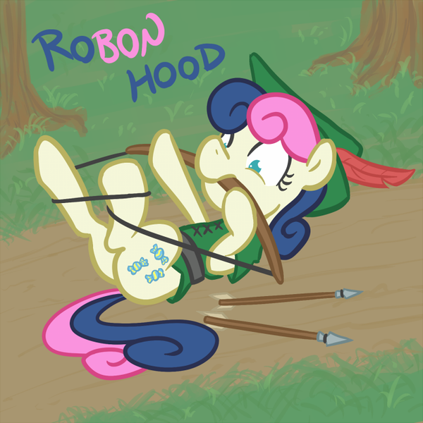 Size: 650x650 | Tagged: safe, artist:atlur, banned from derpibooru, deleted from derpibooru, derpibooru import, bon bon, sweetie drops, arrow, bonafied, bonpun, bow (weapon), fail, mouth hold, pun, robin hood, solo, tangled up