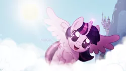 Size: 1920x1080 | Tagged: safe, artist:karl97, artist:spacekitty, banned from derpibooru, deleted from derpibooru, derpibooru import, twilight sparkle, twilight sparkle (alicorn), alicorn, pony, canterlot, cloud, cloudy, cute, female, lens flare, magic, mare, solo, spread wings, twiabetes, vector, wallpaper, wings