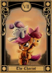 Size: 656x918 | Tagged: safe, artist:southparktaoist, banned from derpibooru, deleted from derpibooru, derpibooru import, apple bloom, scootaloo, sweetie belle, cutie mark crusaders, tarot card, the chariot