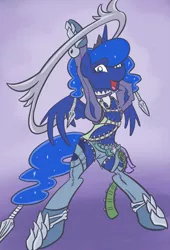 Size: 544x800 | Tagged: safe, artist:atlur, banned from derpibooru, deleted from derpibooru, derpibooru import, princess luna, ponified, pony, clothes, costume, crossover, solo, soul calibur, tira, weapon