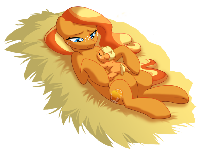 Size: 1024x788 | Tagged: safe, artist:lopoddity, banned from derpibooru, deleted from derpibooru, derpibooru import, applejack, pony, applejack's parents, baby, baby pony, babyjack, bedroom eyes, cute, female, filly, foal, hay, heartwarming, jackabetes, ma apple, mother, mother and child, mother and daughter, newborn, on back, simple background, sleeping, smiling, transparent background, underhoof, vector, younger