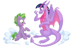 Size: 3000x1905 | Tagged: safe, artist:lopoddity, banned from derpibooru, deleted from derpibooru, derpibooru import, spike, twilight sparkle, ponified, dragon, pony, dragoness, dragonified, duo, female, frown, male, open mouth, ponified spike, raised hoof, role reversal, simple background, sitting, smoke, species swap, stallion, surprised, transparent background, twilidragon, wings
