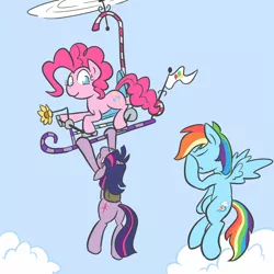 Size: 1000x1000 | Tagged: safe, artist:atlur, banned from derpibooru, deleted from derpibooru, derpibooru import, pinkie pie, rainbow dash, twilight sparkle, earth pony, pegasus, pony, unicorn, facehoof, female, flying contraption, helicopter, parachute, unicorn twilight