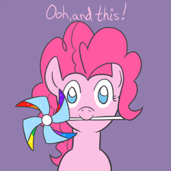 Size: 650x650 | Tagged: safe, artist:atlur, banned from derpibooru, deleted from derpibooru, derpibooru import, pinkie pie, ask the pie sisters, animated, ask, mouth hold, pinwheel (toy), solo, tumblr