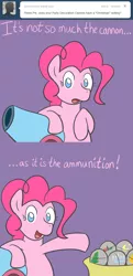 Size: 650x1340 | Tagged: safe, artist:atlur, banned from derpibooru, deleted from derpibooru, derpibooru import, pinkie pie, earth pony, pony, ask the pie sisters, ask, comic, female, mare, partillery, party cannon, solo, tumblr