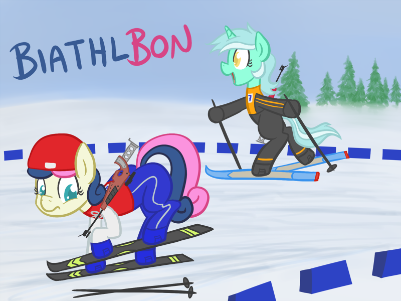 Size: 800x600 | Tagged: safe, artist:atlur, banned from derpibooru, deleted from derpibooru, derpibooru import, bon bon, lyra heartstrings, sweetie drops, biathlon, bonafied, bonpun, gun, olympics, pun, rifle, skiing, sochi 2014, weapon