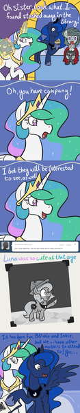 Size: 650x3347 | Tagged: safe, artist:atlur, banned from derpibooru, deleted from derpibooru, derpibooru import, marble pie, princess celestia, princess luna, pony, ask the pie sisters, moonstuck, ask, book, cartographer's cap, clothes, comic, dress, female, filly, hat, magic, tumblr, woona, younger