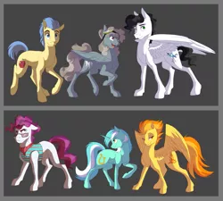 Size: 1143x1029 | Tagged: safe, artist:dvixie, banned from derpibooru, deleted from derpibooru, derpibooru import, dust devil, lyra heartstrings, mercury, milky way, red delicious, spitfire, starry eyes (character), the conditioner, earth pony, pegasus, pony, unicorn, apple family member, background pony, clothes, female, goggles, gray background, henchmen, male, mare, simple background, stallion