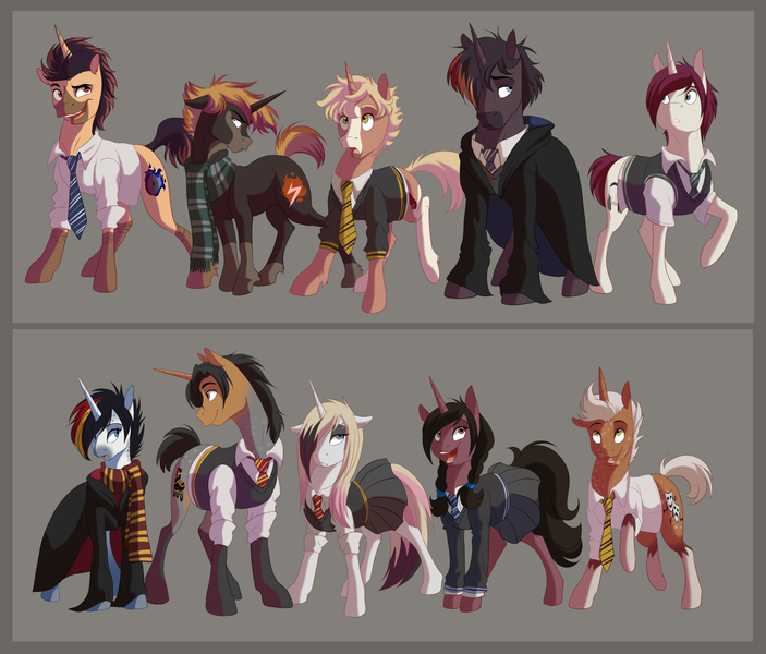 Size: 1279x1092 | Tagged: safe, artist:dvixie, banned from derpibooru, deleted from derpibooru, derpibooru import, oc, oc:aero marble, oc:angel cake, oc:colorido, oc:goldspear, oc:inferno dust, oc:kalyan klausen, oc:skeeter, oc:steele beats, unofficial characters only, gryffindor, harry potter, hogwarts, hufflepuff, ravenclaw, slytherin