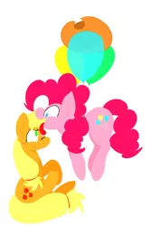 Size: 730x1095 | Tagged: safe, artist:input-command, banned from derpibooru, deleted from derpibooru, derpibooru import, applejack, pinkie pie, applepie, balloon, blushing, cowboy hat, female, floating, hat, lesbian, licking, shipping, then watch her balloons lift her up to the sky, tongue out