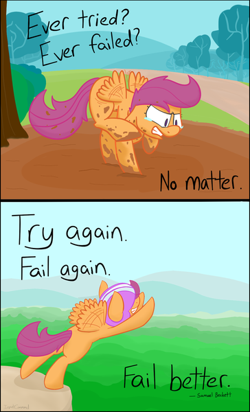Size: 696x1148 | Tagged: safe, artist:input-command, banned from derpibooru, deleted from derpibooru, derpibooru import, scootaloo, comic, flying, helmet, scootaloo can fly, trying to fly